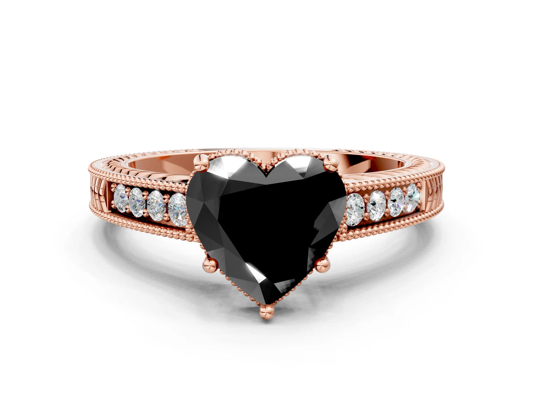 Rose gold Fancy Black Heart Cut Diamond Engagement Ring with Milgrain Channel Set Band and Prong Setting