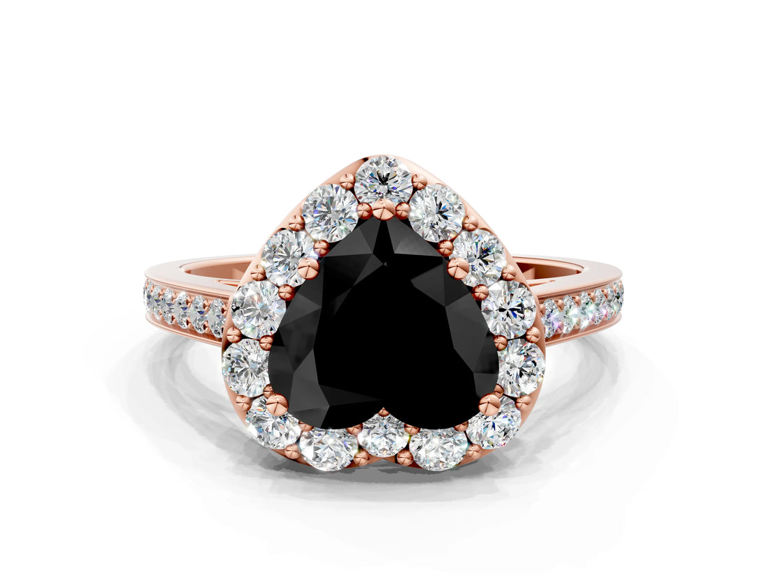Rose gold Fancy Black Heart Cut Diamond Floral Halo Ring with Pavé Band and Prong Setting_3