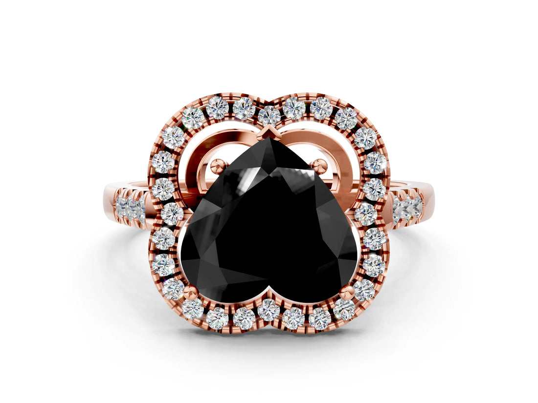 Rose gold Fancy Black Heart Cut Diamond Floral Halo Split Shank Prong Setting Ring_12