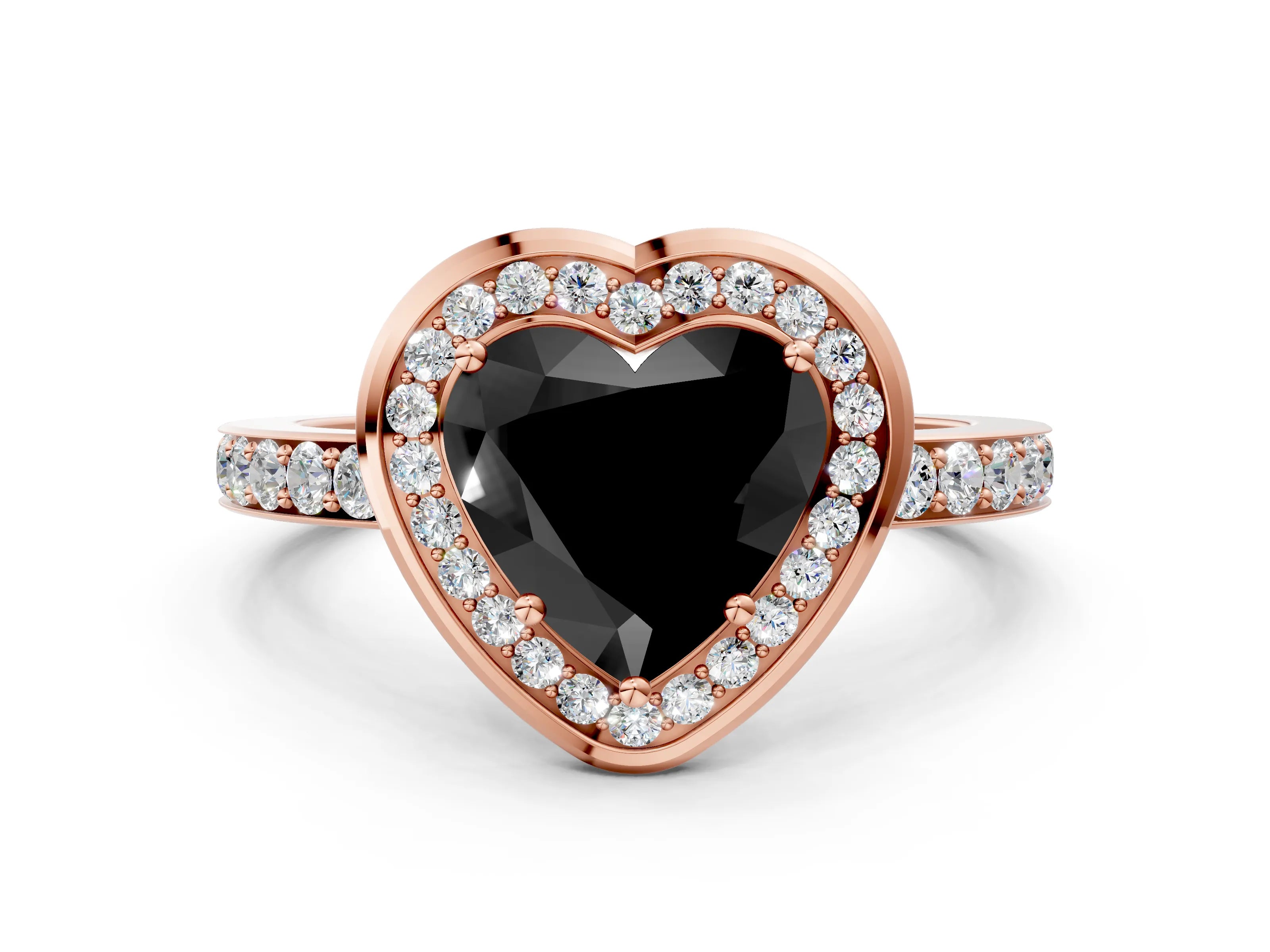 Rose gold Fancy Black Heart Cut Diamond Halo Ring with Bezel Frame and Pavé Band