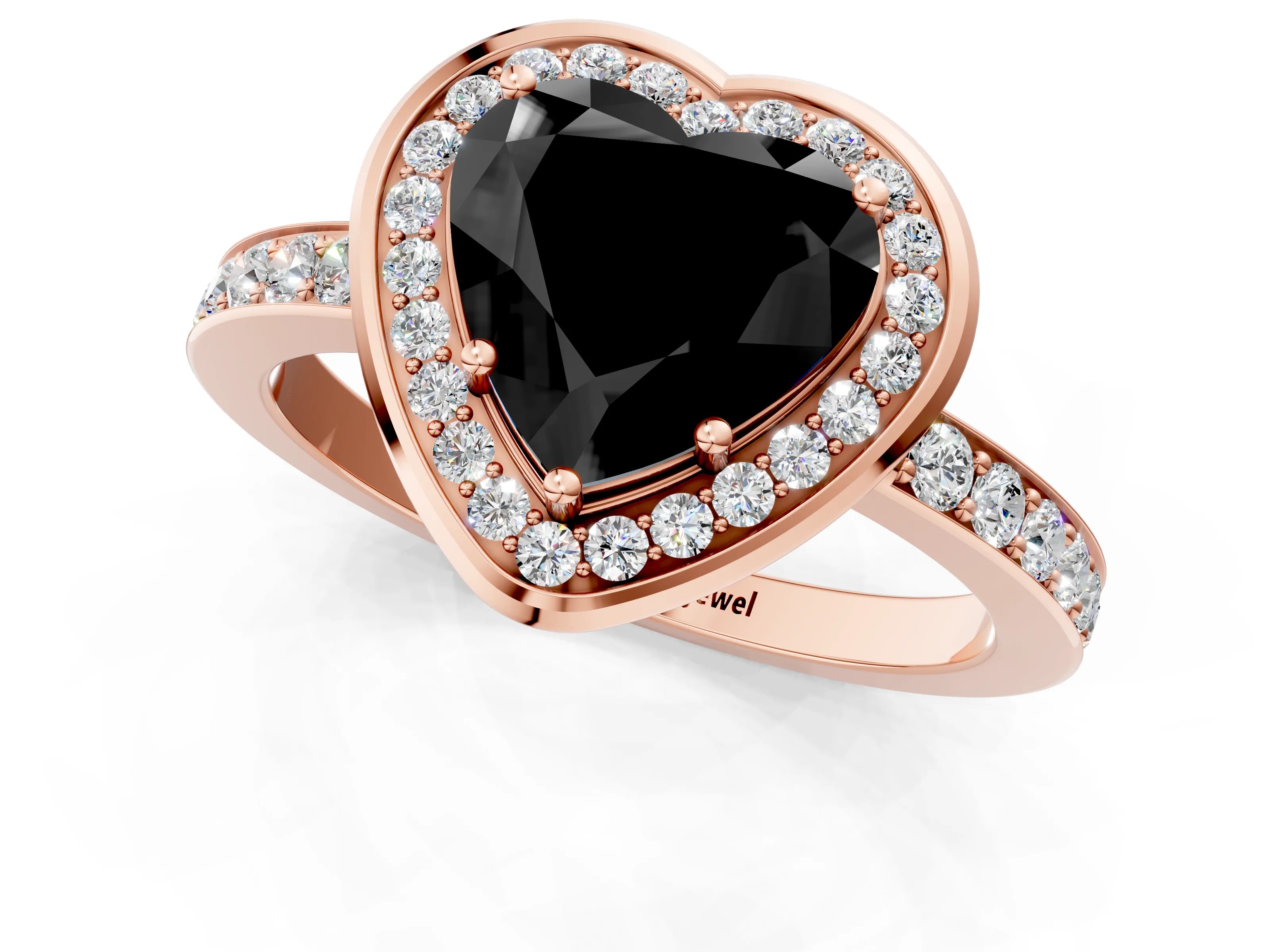 Rose gold Fancy Black Heart Cut Diamond Halo Ring with Bezel Frame and Pavé Band_1