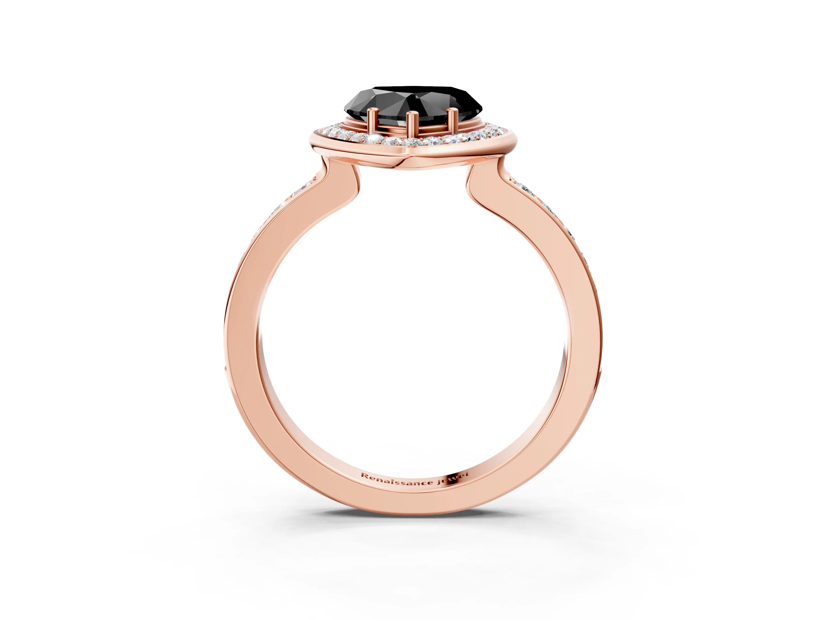 Rose gold Fancy Black Heart Cut Diamond Halo Ring with Bezel Frame and Pavé Band_3