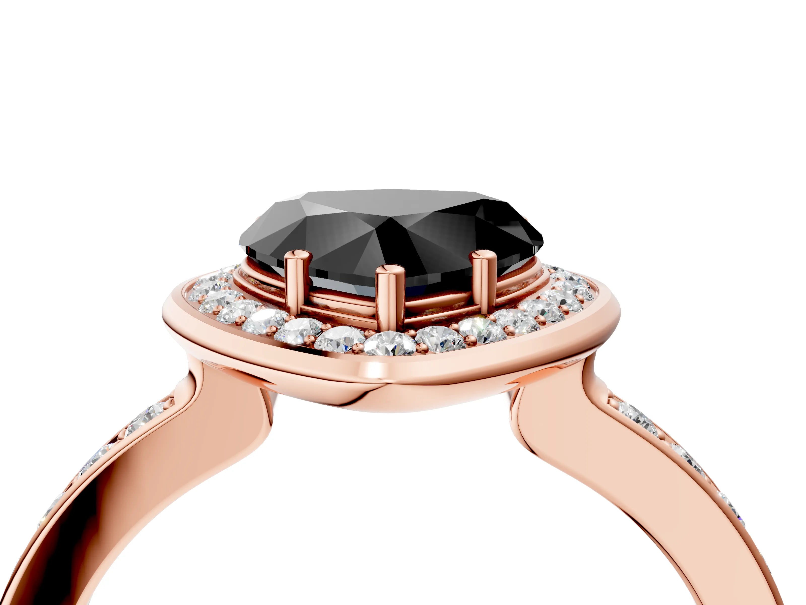 Rose gold Fancy Black Heart Cut Diamond Halo Ring with Bezel Frame and Pavé Band_4