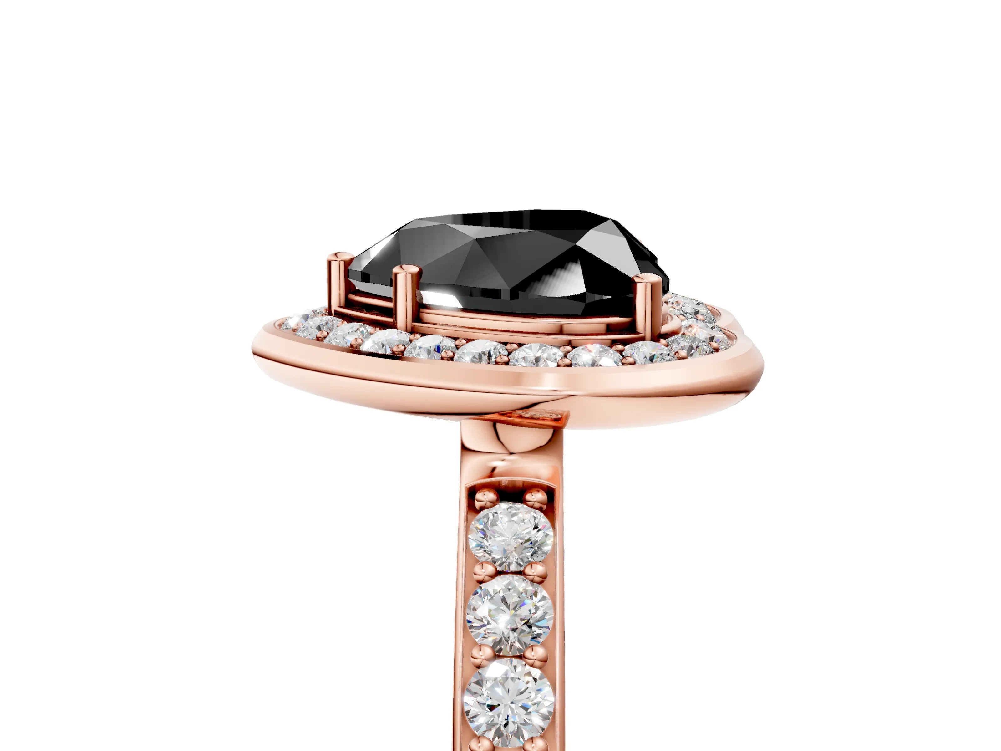 Rose gold Fancy Black Heart Cut Diamond Halo Ring with Bezel Frame and Pavé Band_5