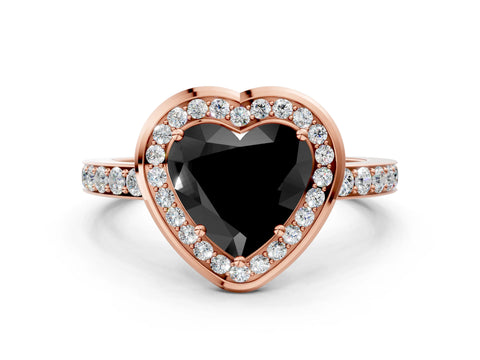 Rose gold Fancy Black Heart Cut Diamond Halo Ring with Bezel Frame and Pavé Band