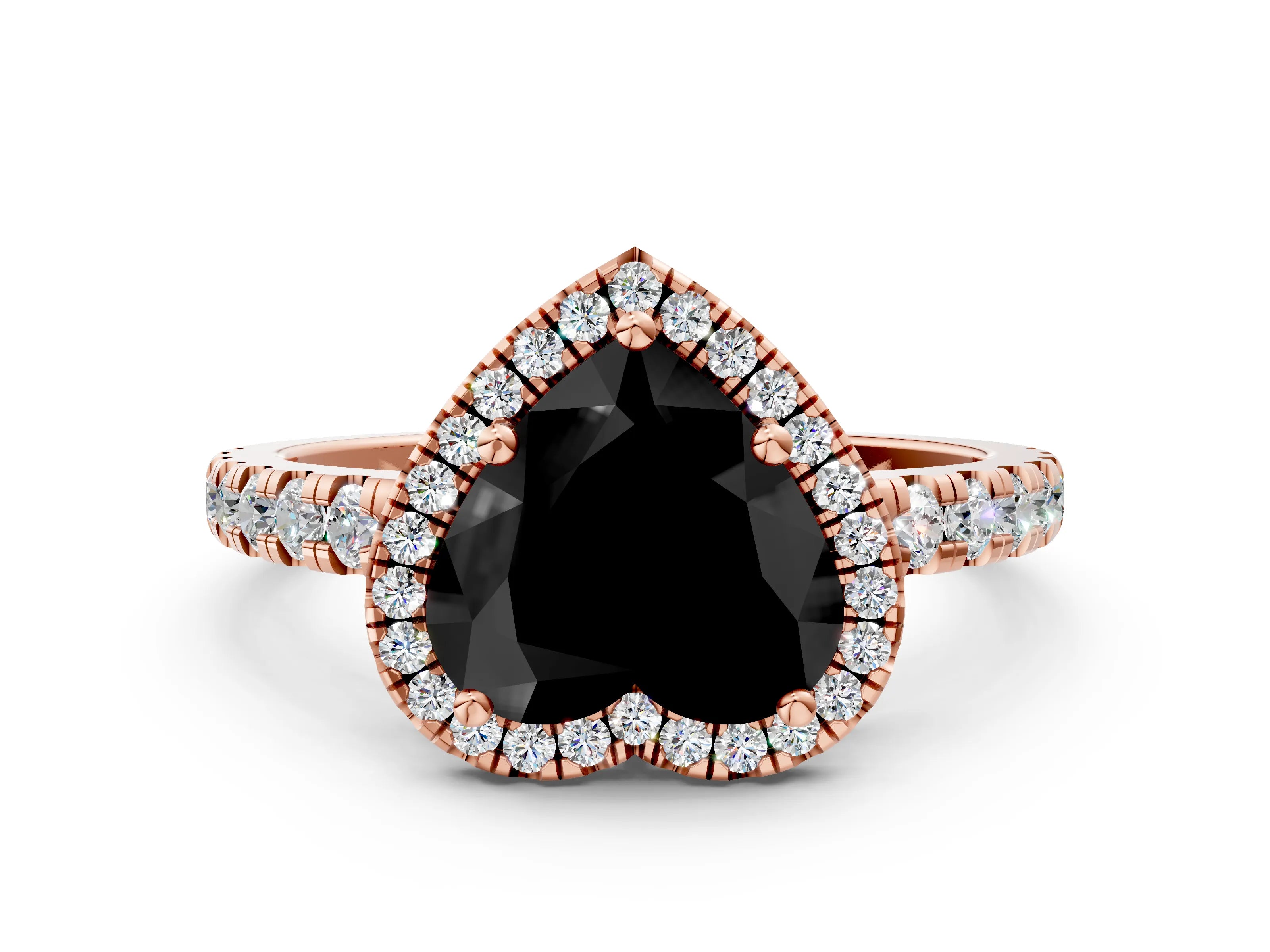 Rose gold Fancy Black Heart Cut Diamond Halo Ring with Pavé Band and Four-Prong Setting