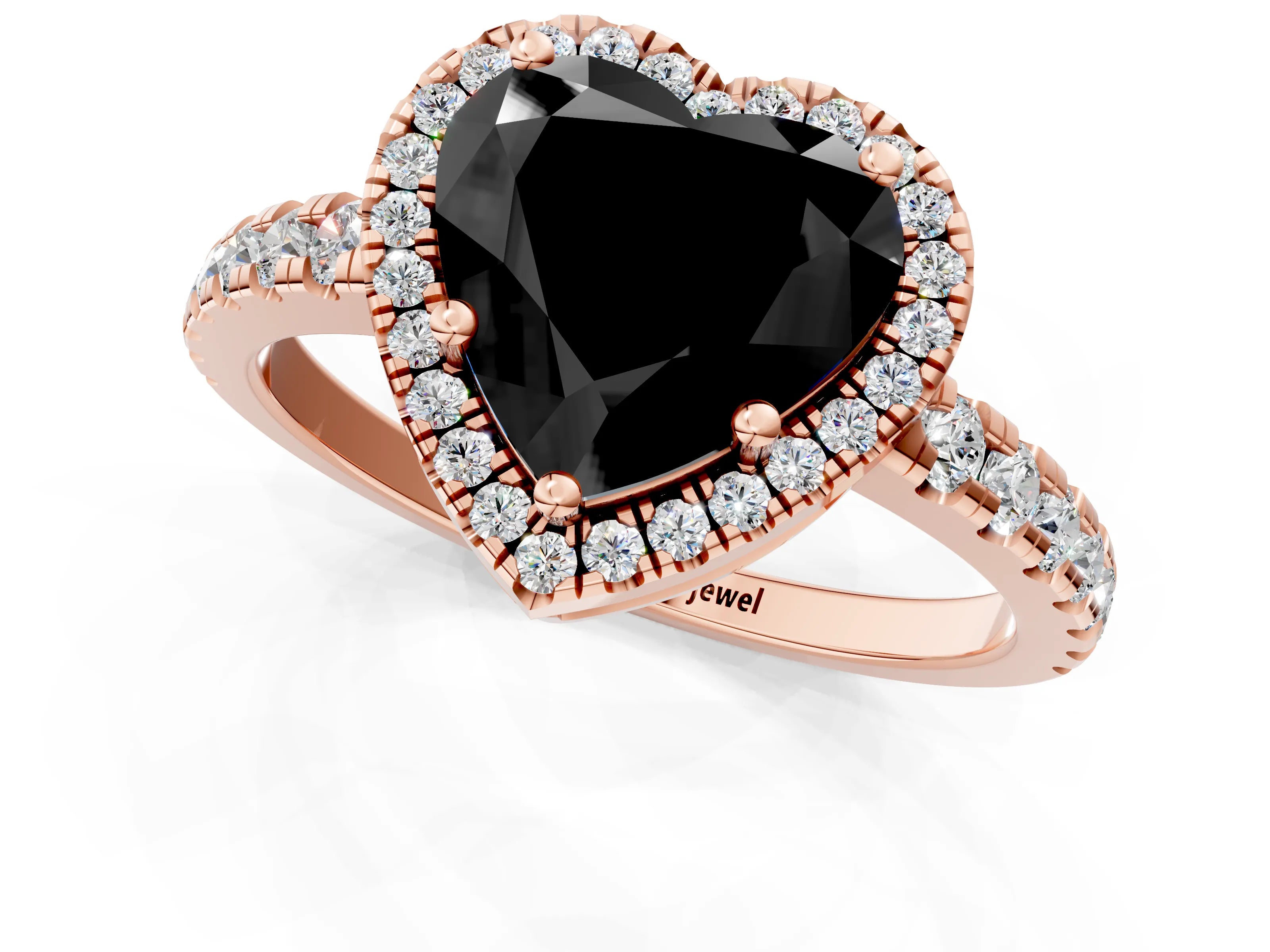 Rose gold Fancy Black Heart Cut Diamond Halo Ring with Pavé Band and Four-Prong Setting_1