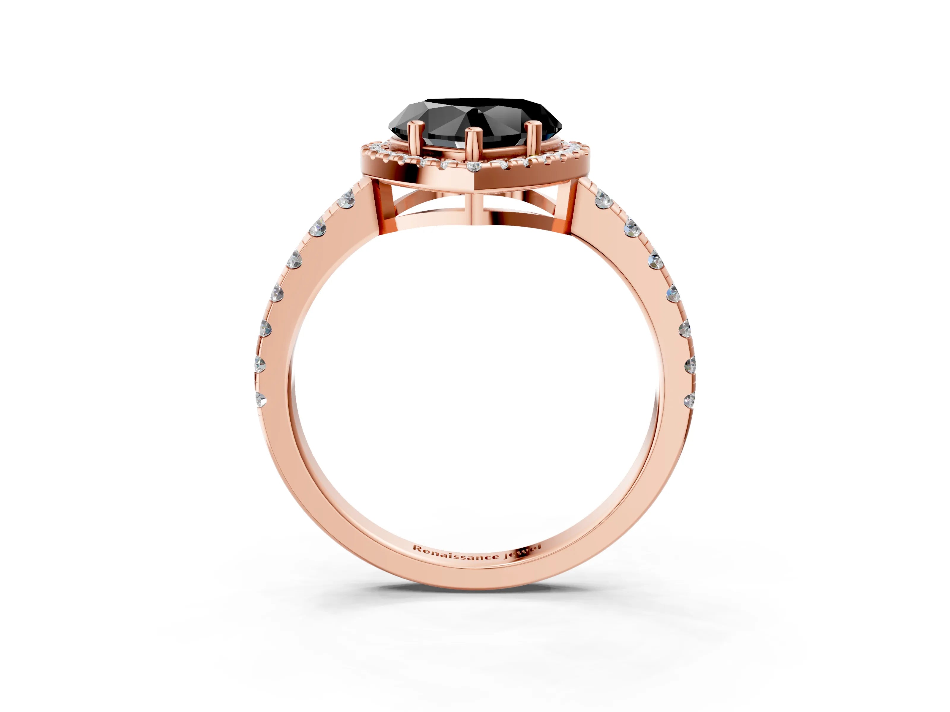 Rose gold Fancy Black Heart Cut Diamond Halo Ring with Pavé Band and Four-Prong Setting_3
