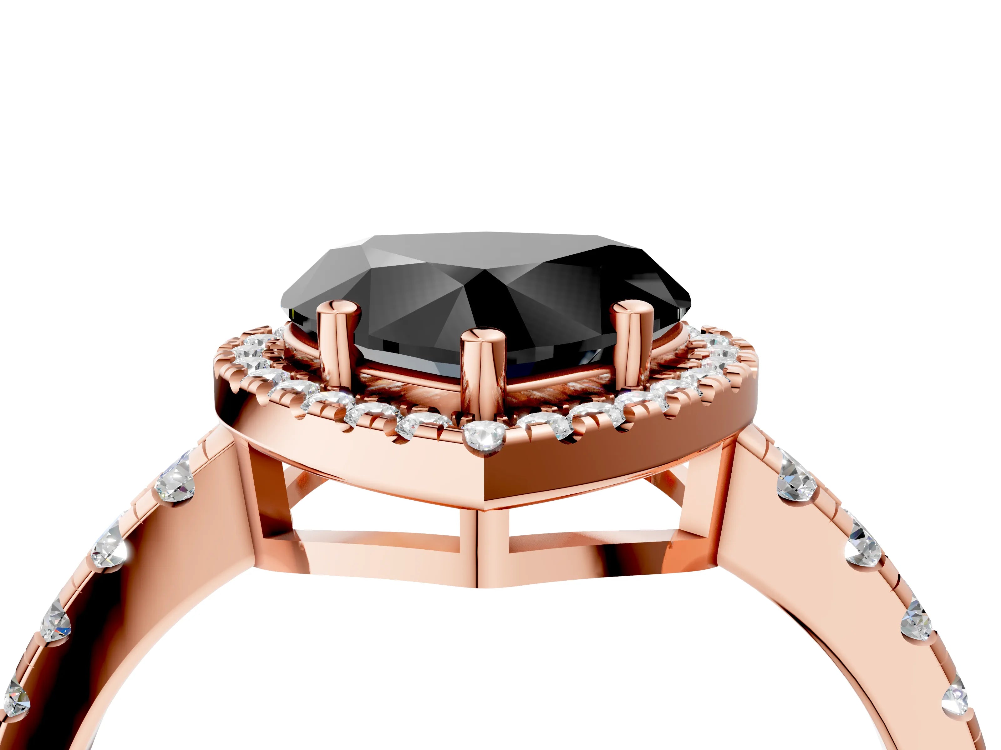 Rose gold Fancy Black Heart Cut Diamond Halo Ring with Pavé Band and Four-Prong Setting_4