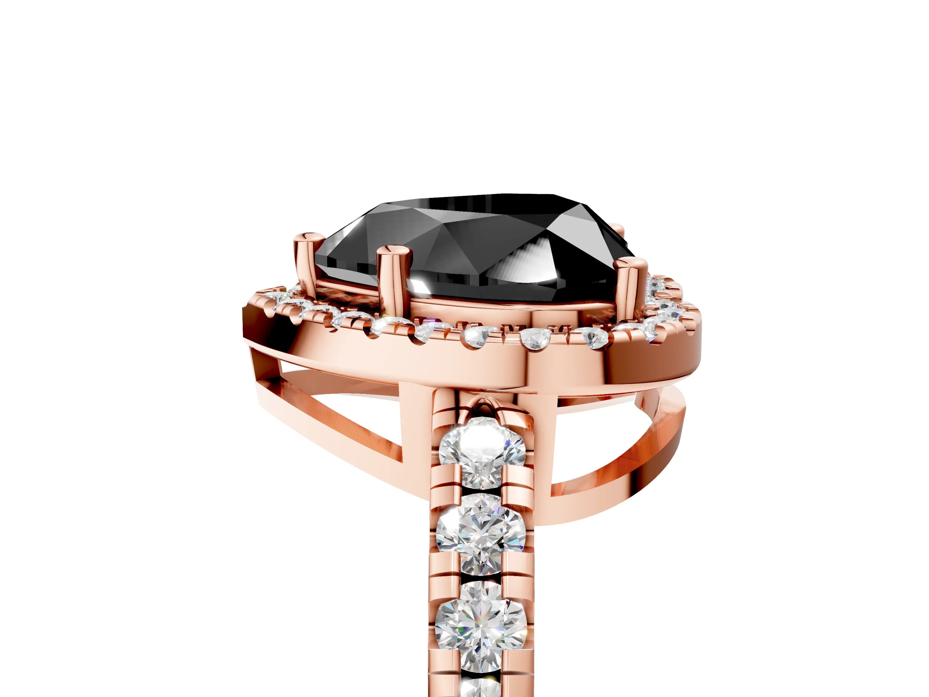 Rose gold Fancy Black Heart Cut Diamond Halo Ring with Pavé Band and Four-Prong Setting_5