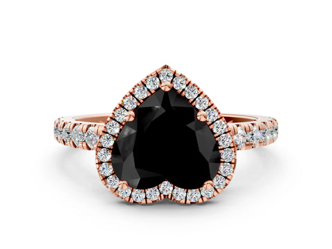 Rose gold Fancy Black Heart Cut Diamond Halo Ring with Pavé Band and Four-Prong Setting