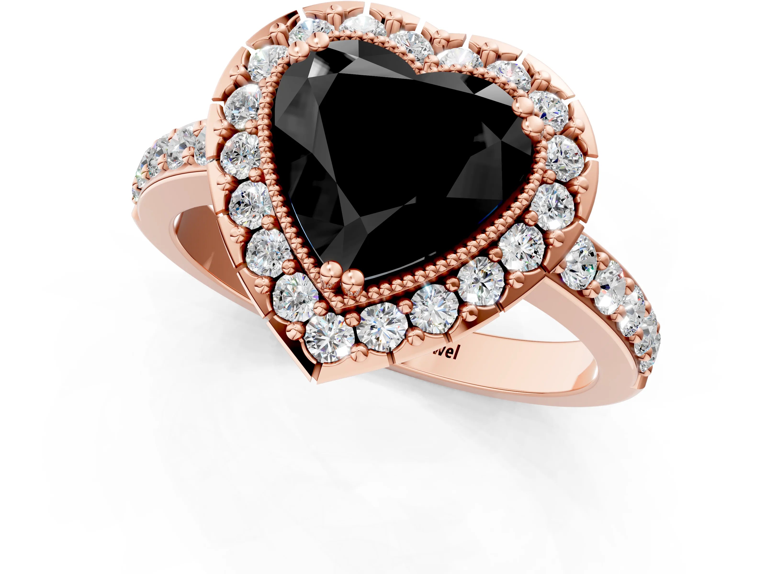 Rose gold Fancy Black Heart Cut Diamond Halo Ring with Pavé Band and Prong Setting_1