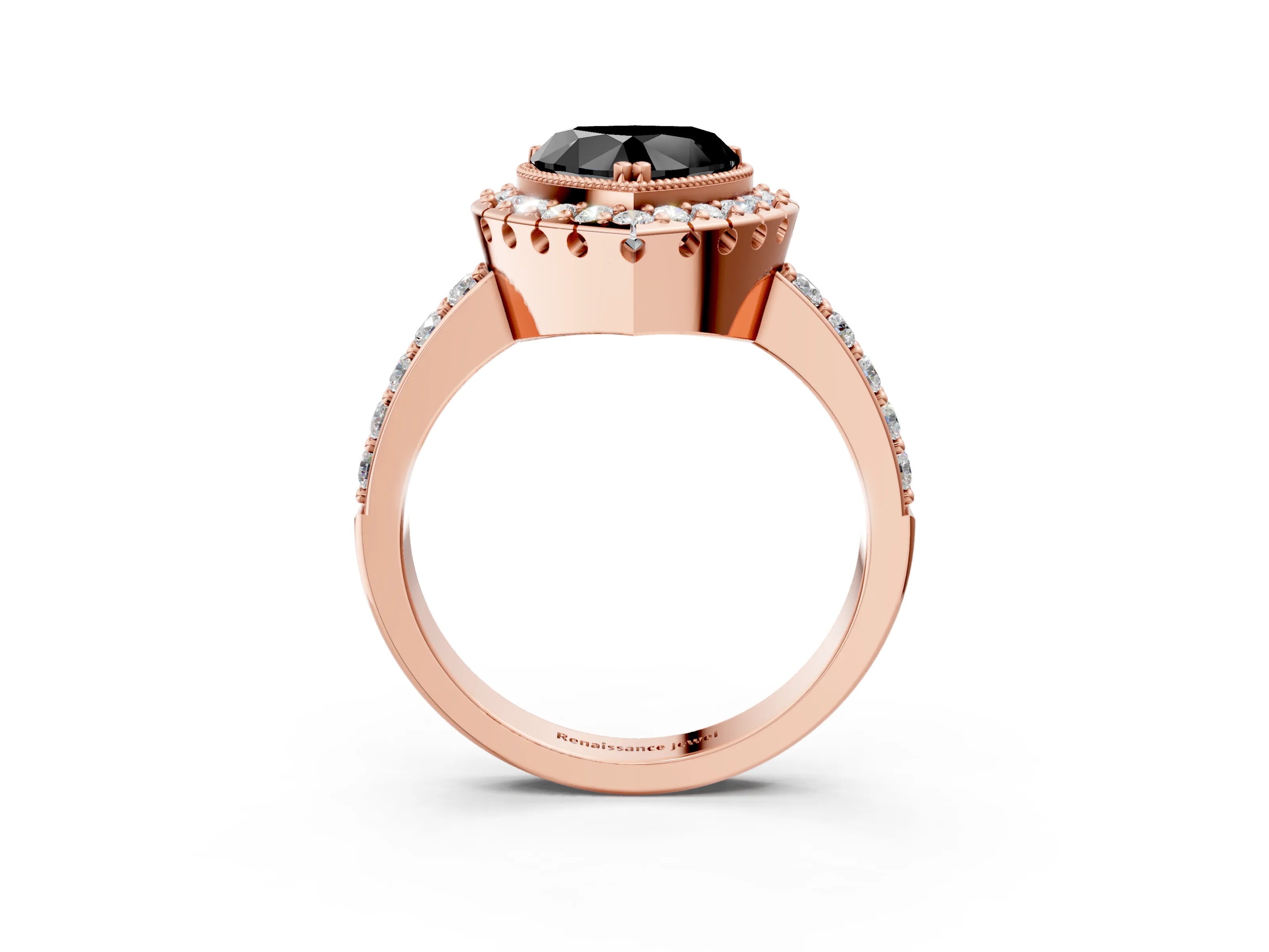 Rose gold Fancy Black Heart Cut Diamond Halo Ring with Pavé Band and Prong Setting_3