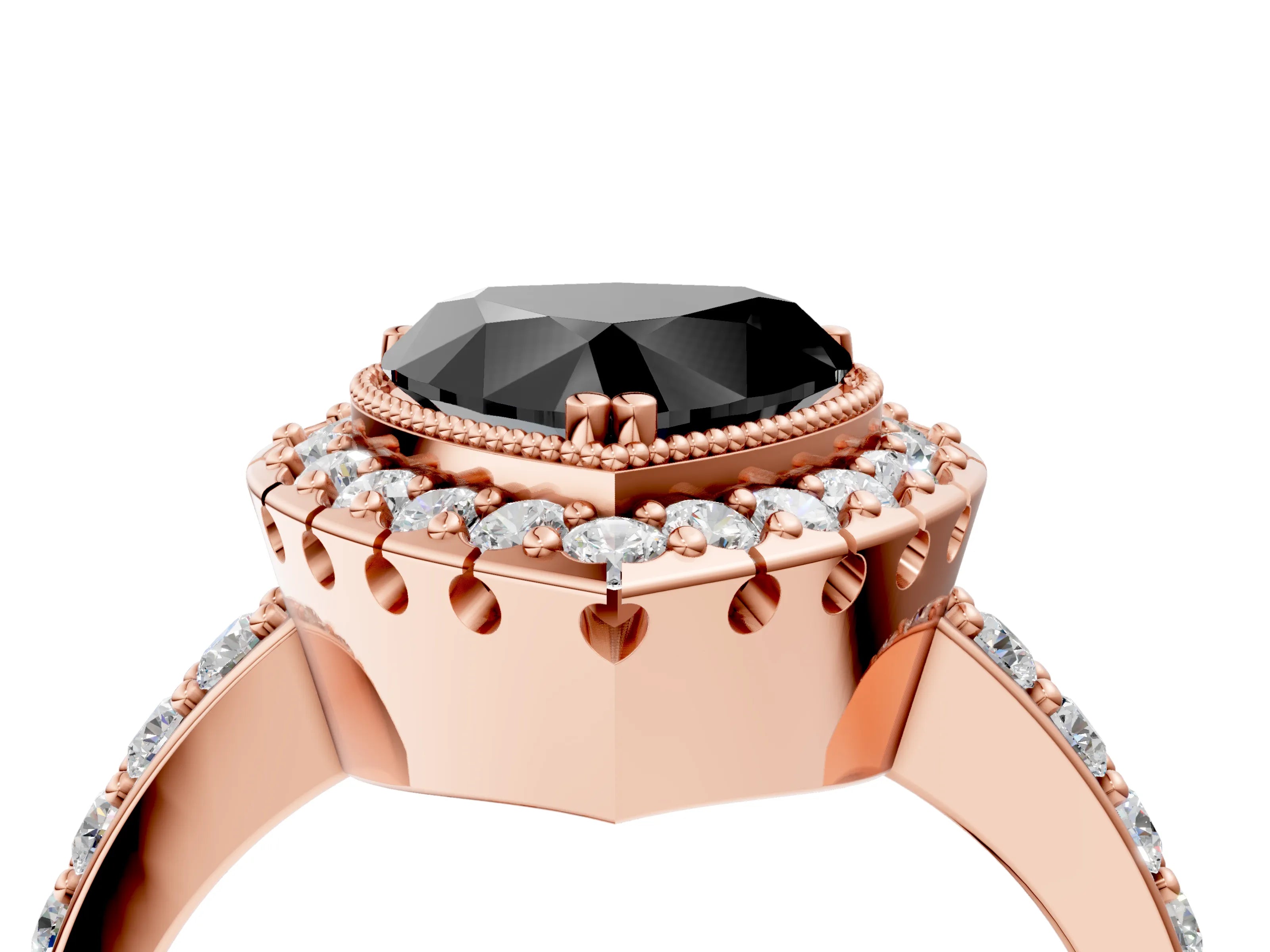 Rose gold Fancy Black Heart Cut Diamond Halo Ring with Pavé Band and Prong Setting_4