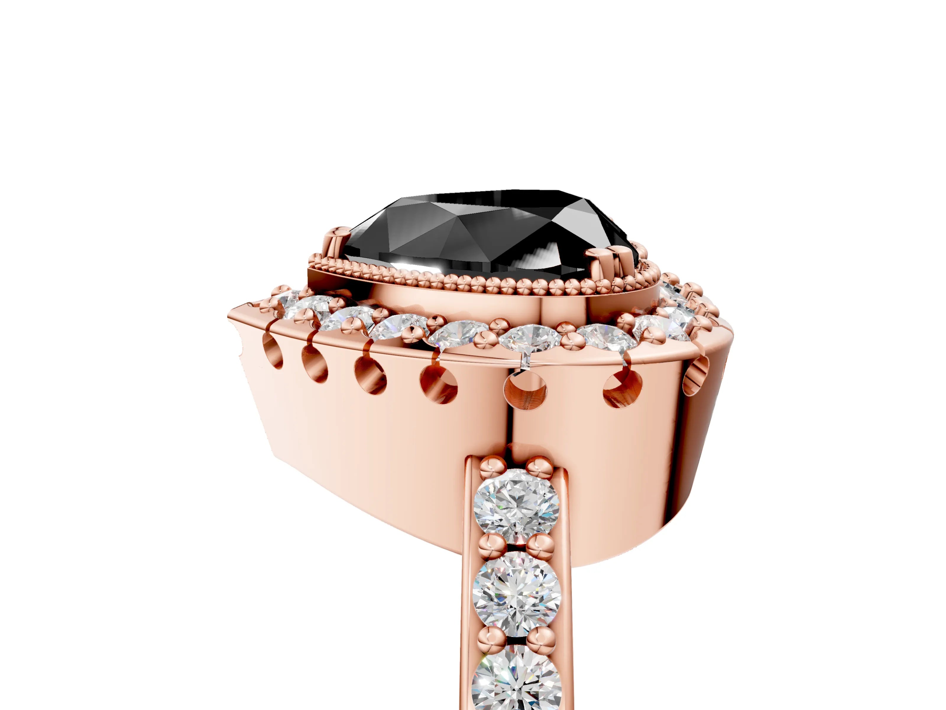 Rose gold Fancy Black Heart Cut Diamond Halo Ring with Pavé Band and Prong Setting_5