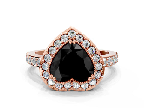 Rose gold Fancy Black Heart Cut Diamond Halo Ring with Pavé Band and Prong Setting