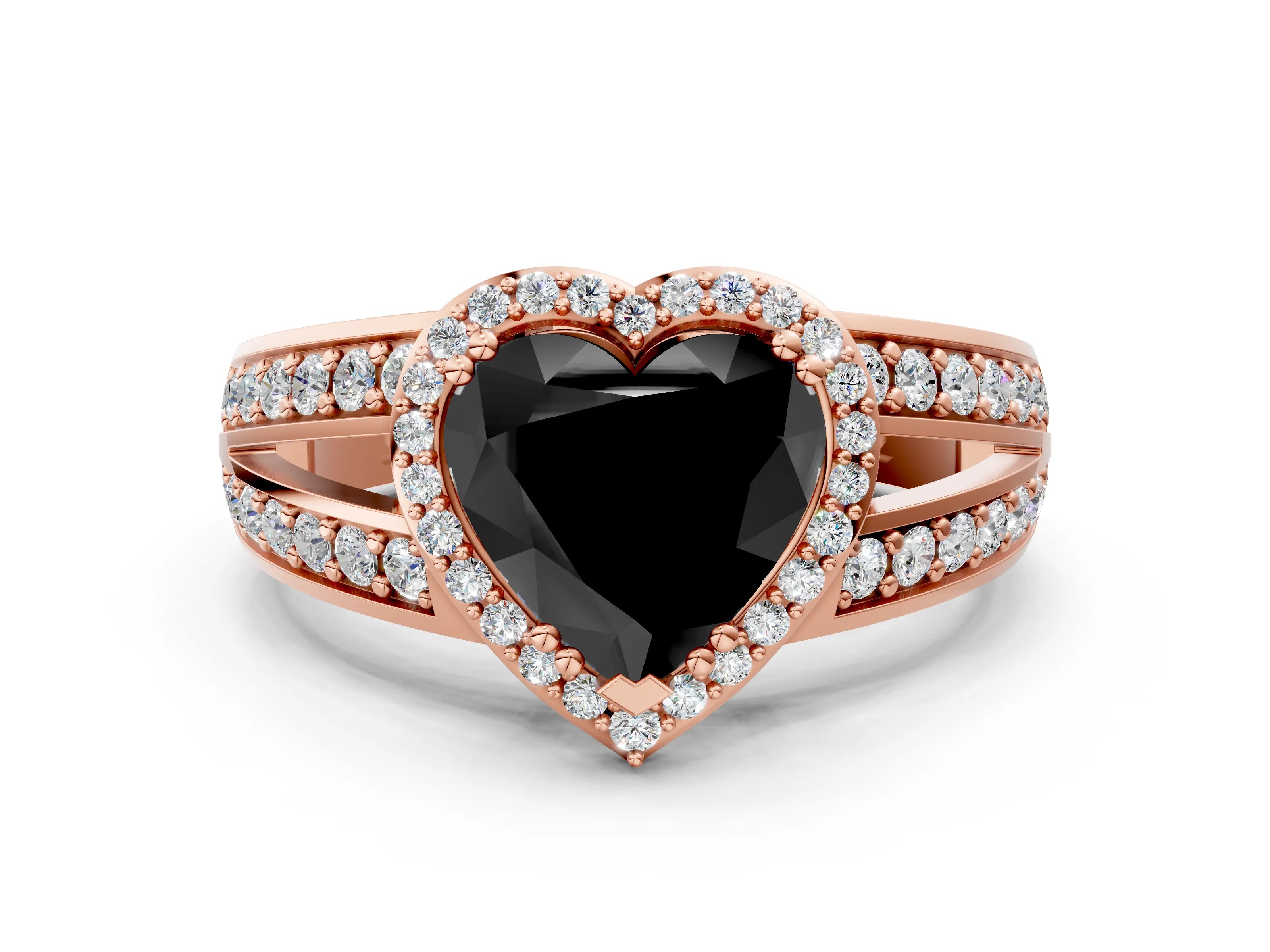 Rose gold Fancy Black Heart Cut Diamond Halo Ring with Split Shank Pavé Band and Four-Prong Setting