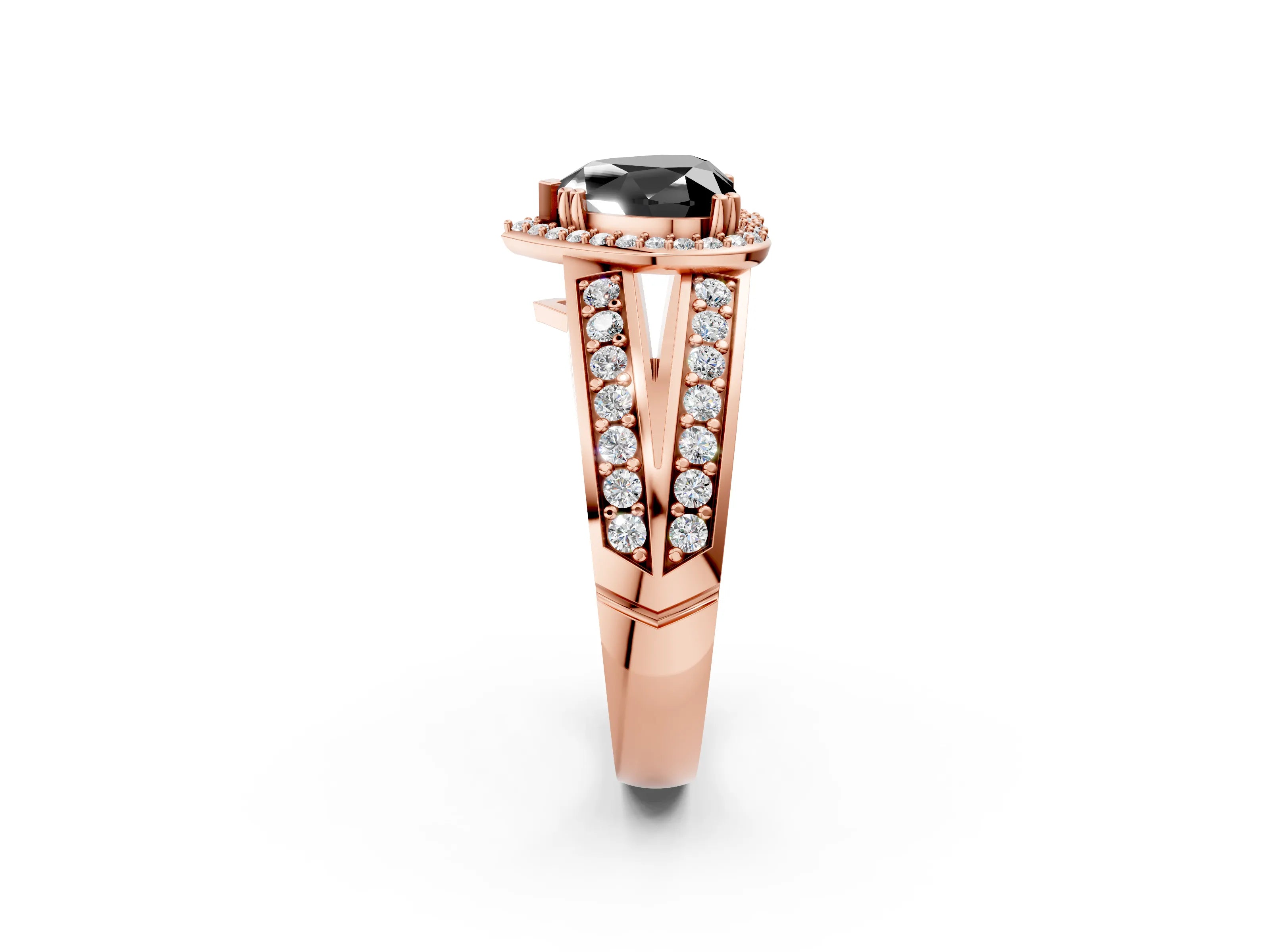 Rose gold Fancy Black Heart Cut Diamond Halo Ring with Split Shank Pavé Band and Four-Prong Setting_2