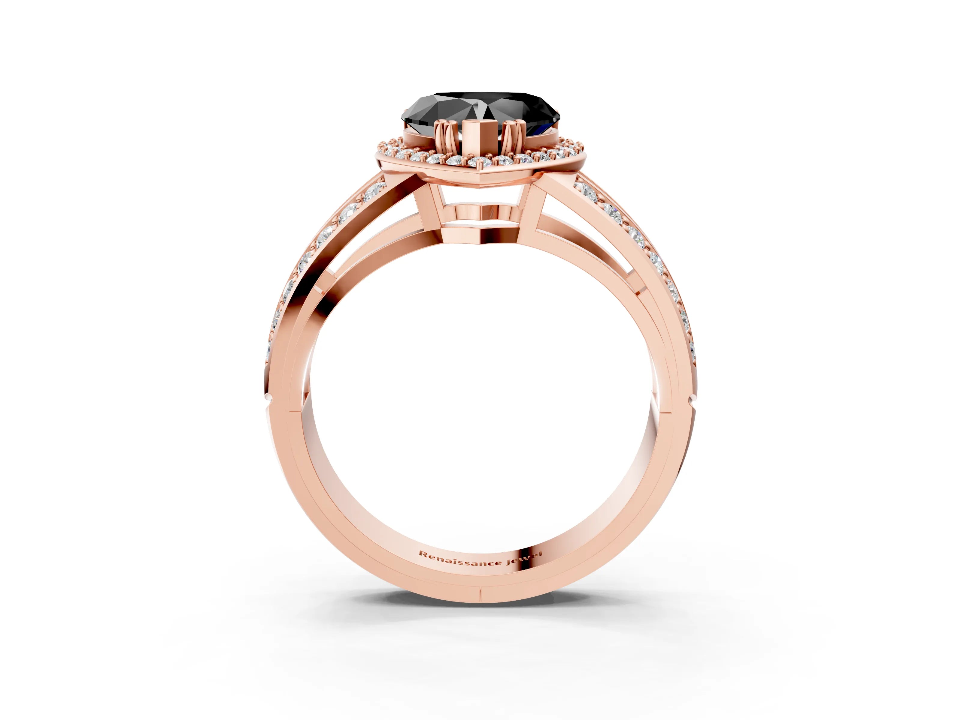 Rose gold Fancy Black Heart Cut Diamond Halo Ring with Split Shank Pavé Band and Four-Prong Setting_3