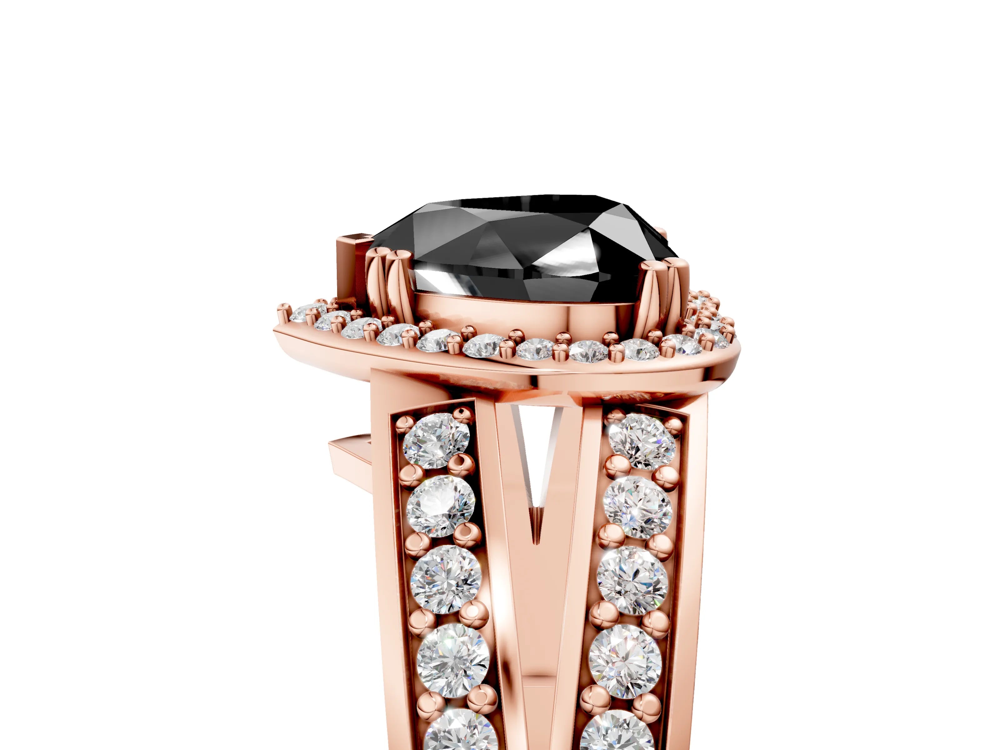 Rose gold Fancy Black Heart Cut Diamond Halo Ring with Split Shank Pavé Band and Four-Prong Setting_5