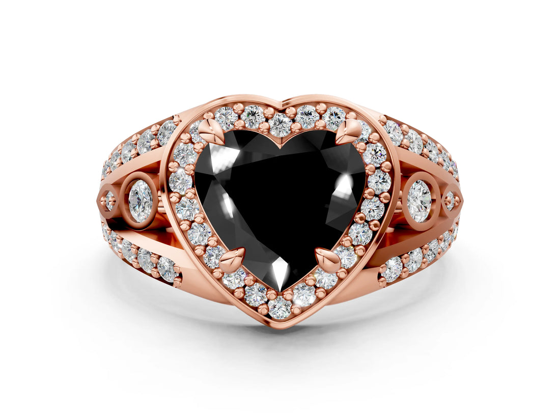 Rose gold Fancy Black Heart Cut Diamond Halo Ring with Split Shank and Bezel Accents and Four-Prong Setting