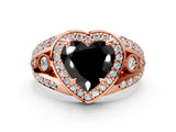 Rose gold Fancy Black Heart Cut Diamond Halo Ring with Split Shank and Bezel Accents and Four-Prong Setting