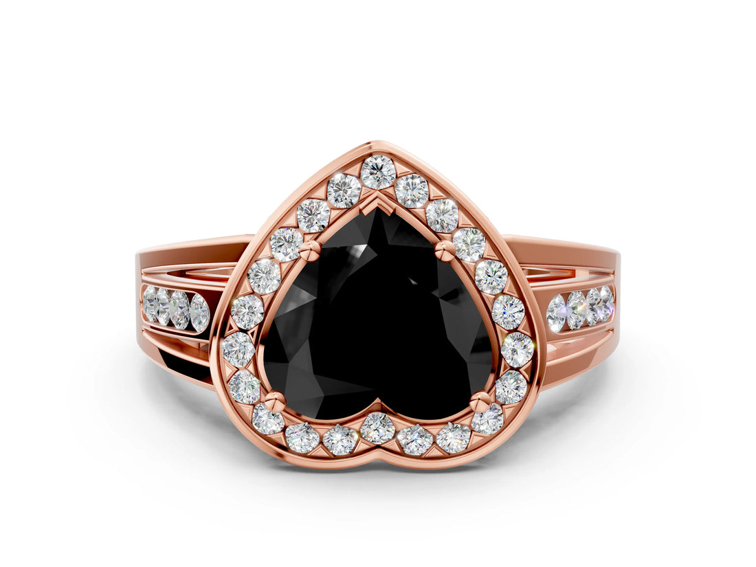 Rose gold Fancy Black Heart Cut Diamond Halo Ring with Split Shank and Bezel Accents and Prong Setting