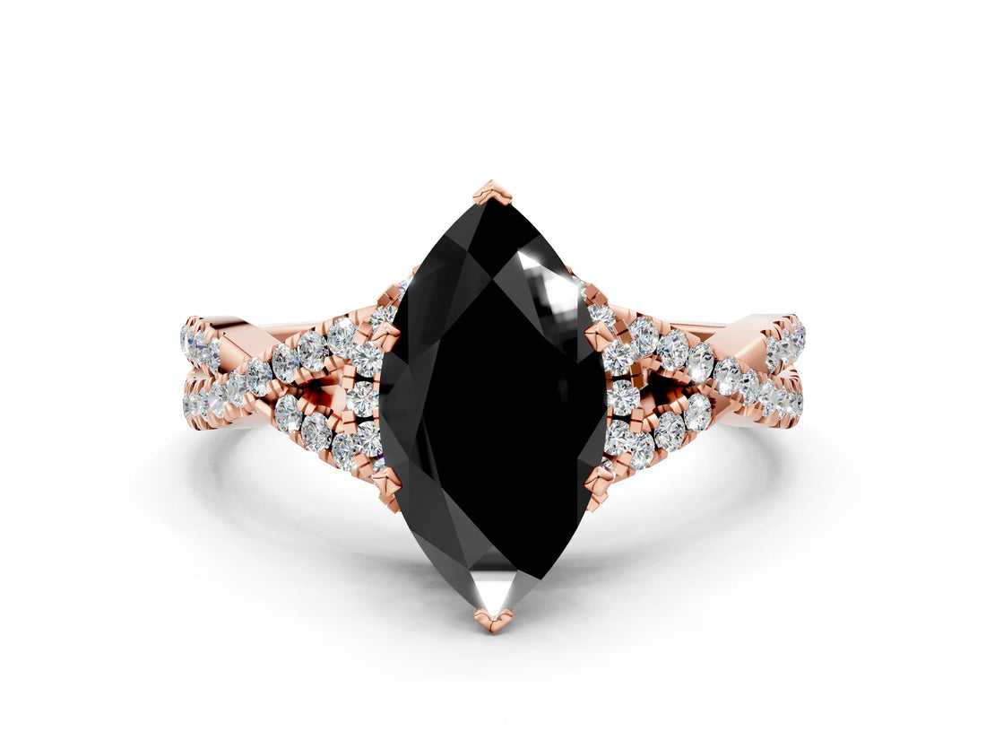 Rose gold Fancy Black Heart Cut Diamond Halo Twist Band Solitaire Prong Setting Ring