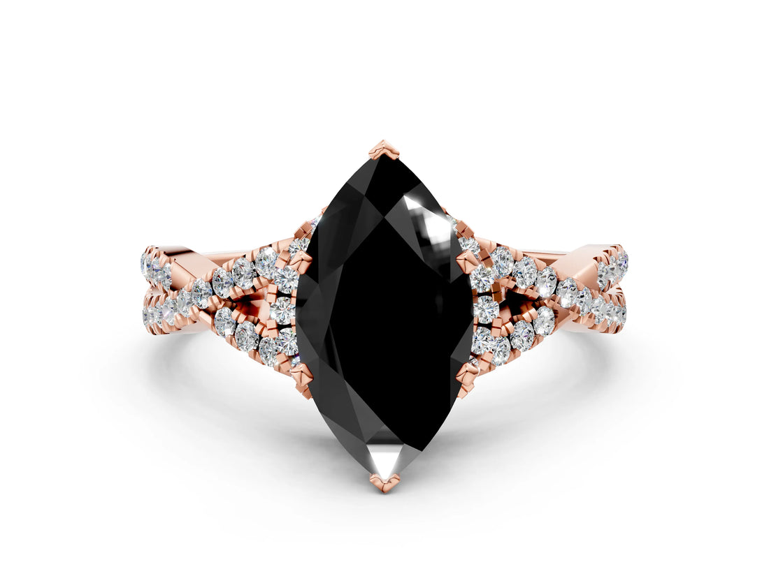 Rose gold Fancy Black Heart Cut Diamond  Halo Twist Band Solitaire Prong Setting Ring_42
