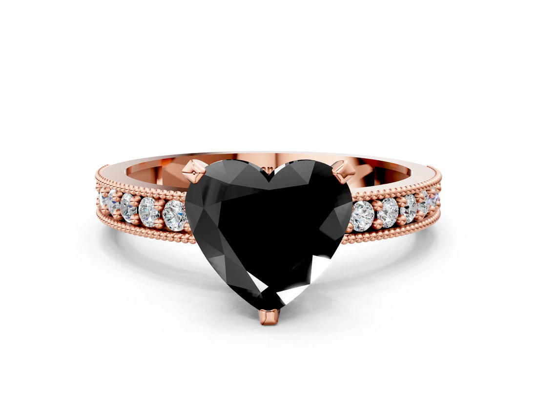 Rose gold Fancy Black Heart Cut Diamond Milgrain Pavé Engagement Ring with Four-Prong Setting