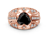 Rose gold Fancy Black Heart Cut Diamond Pave Art Deco Split Shank Ring with Four-Prong Setting