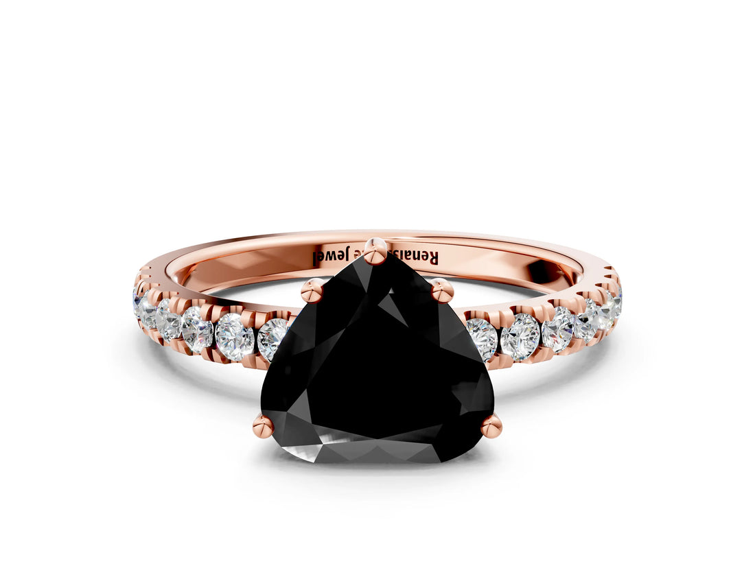 Rose gold Fancy Black Heart Cut Diamond Pave Band Solitaire Ring with Four-Prong Setting_12