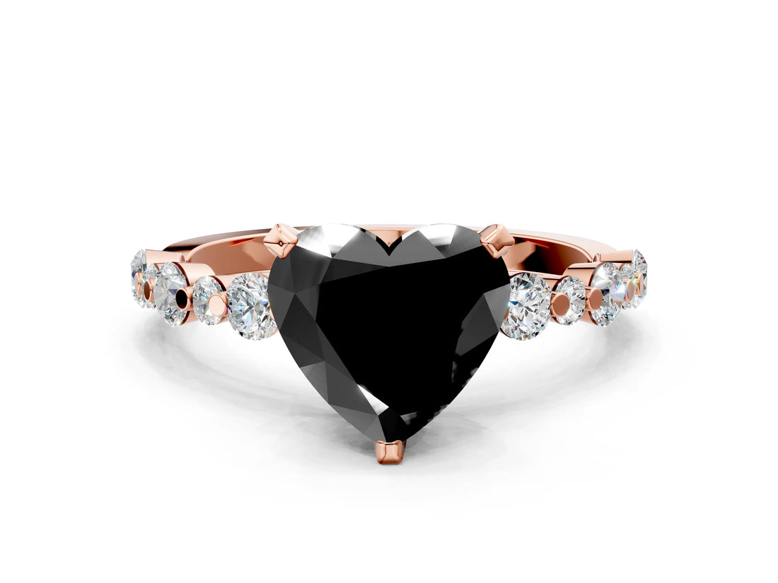 Rose gold Fancy Black Heart Cut Diamond Prong Set Engagement Ring with Pave Band