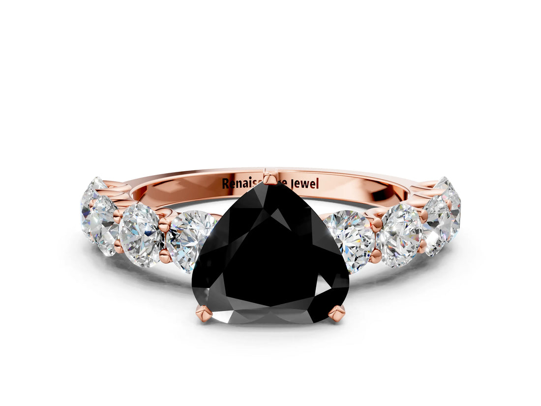 Rose gold Fancy Black Heart Cut Diamond Prong Setting with Side Stones on a Pave Band