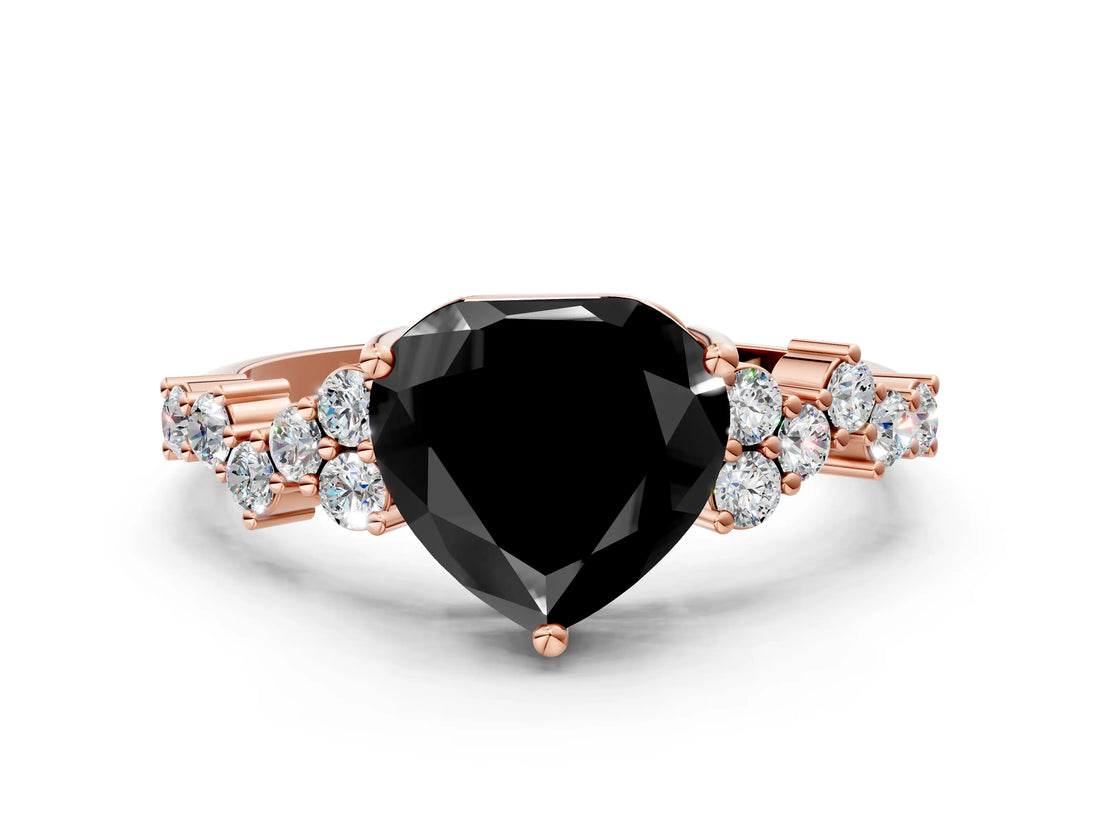 Rose gold Fancy Black Heart Cut Diamond Scattered Round Accent Ring with Prong Setting_12