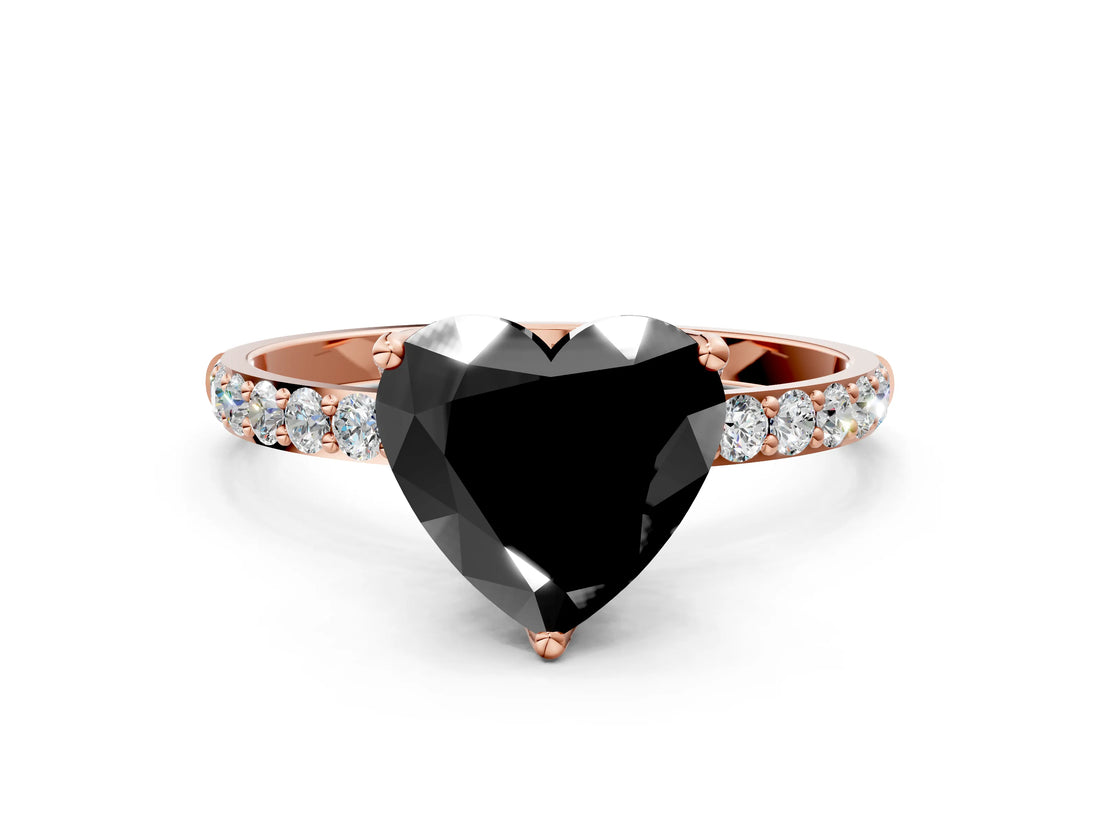 Rose gold Fancy Black Heart Cut Diamond Solitaire Engagement Ring with Pavé Band and Prong Setting