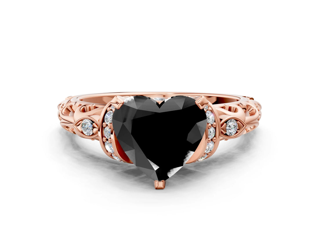 Rose gold Fancy Black Heart Cut Diamond Solitaire Ring with Filigree Band and Four-Prong Setting