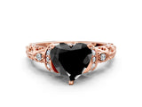 Rose gold Fancy Black Heart Cut Diamond Solitaire Ring with Filigree Band and Four-Prong Setting