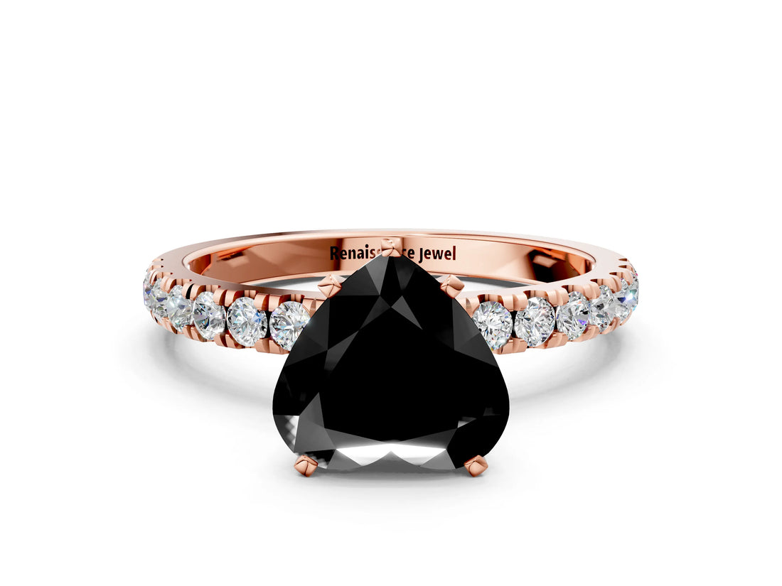 Rose gold Fancy Black Heart Cut Diamond Solitaire Ring with Pavé Accents and Four-Prong Setting