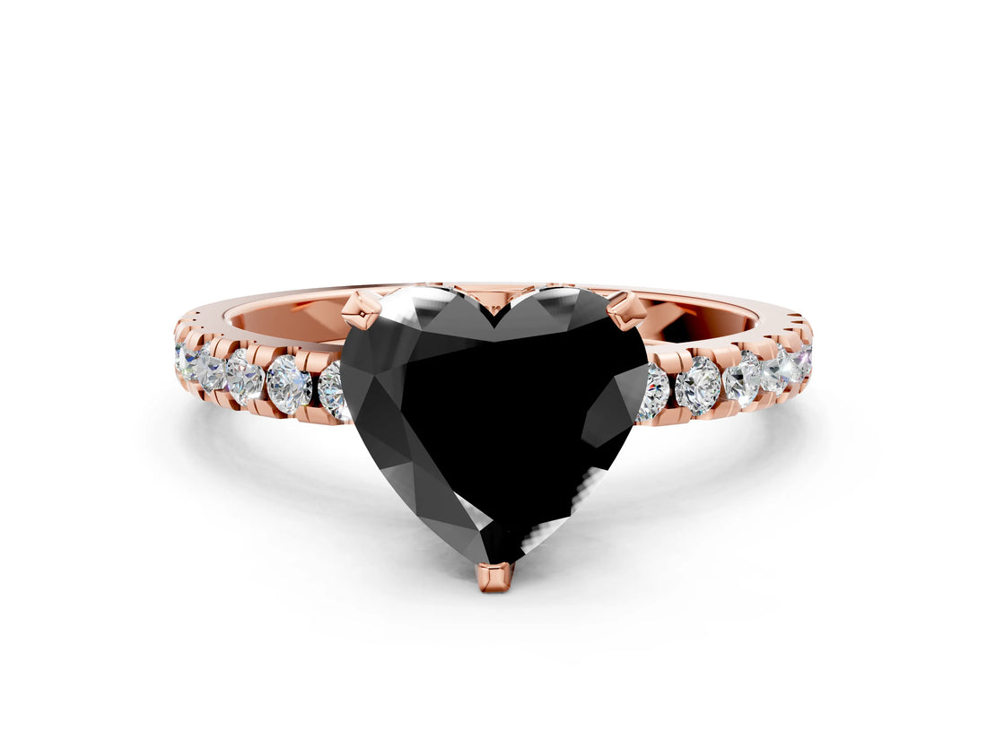 Rose gold Fancy Black Heart Cut Diamond Solitaire Ring with Pavé Band and Four-Prong Setting
