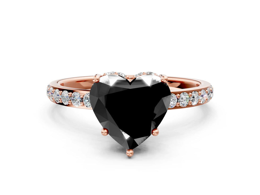 Rose gold Fancy Black Heart Cut Diamond Solitaire Ring with Pavé Band and Hidden Halo_48