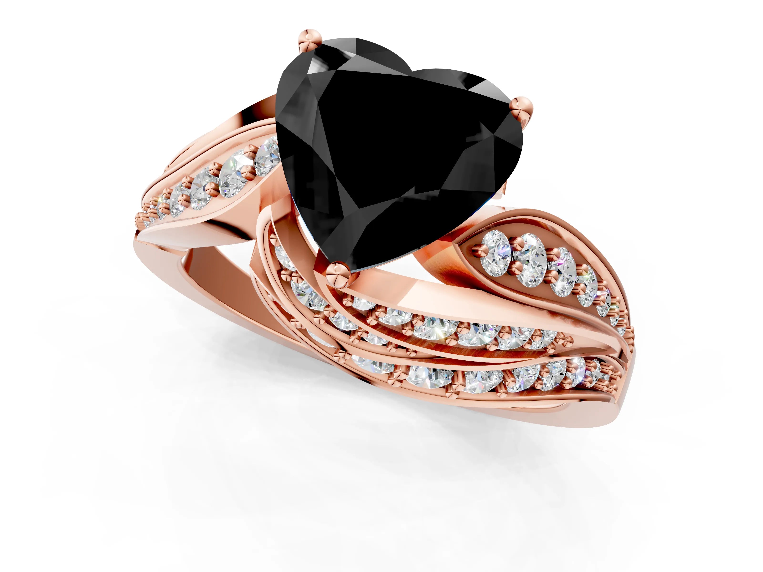Rose gold Fancy Black Heart Cut Diamond Solitaire Ring with Prong Setting and Twisted Pavé Band_1