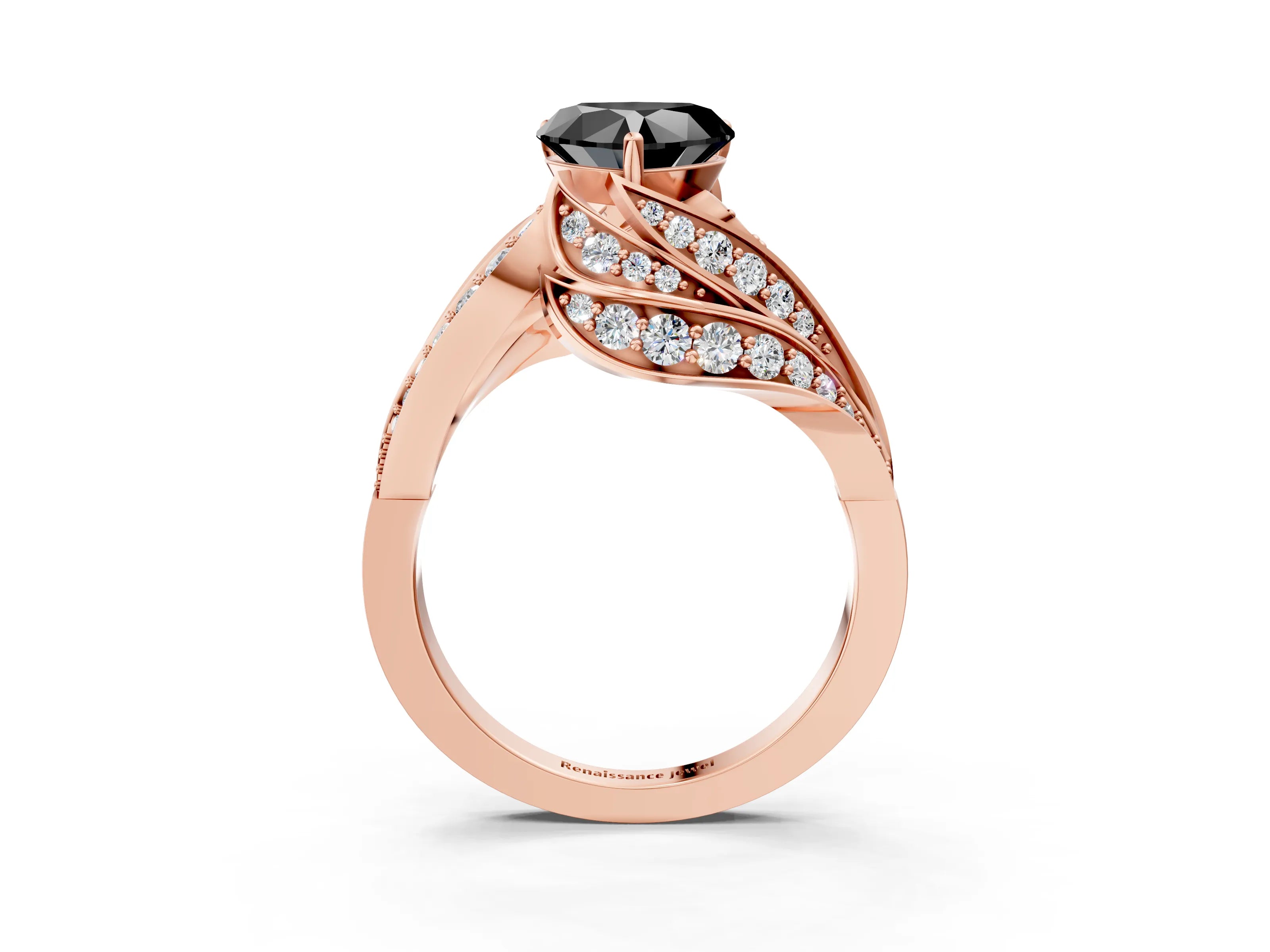 Rose gold Fancy Black Heart Cut Diamond Solitaire Ring with Prong Setting and Twisted Pavé Band_3