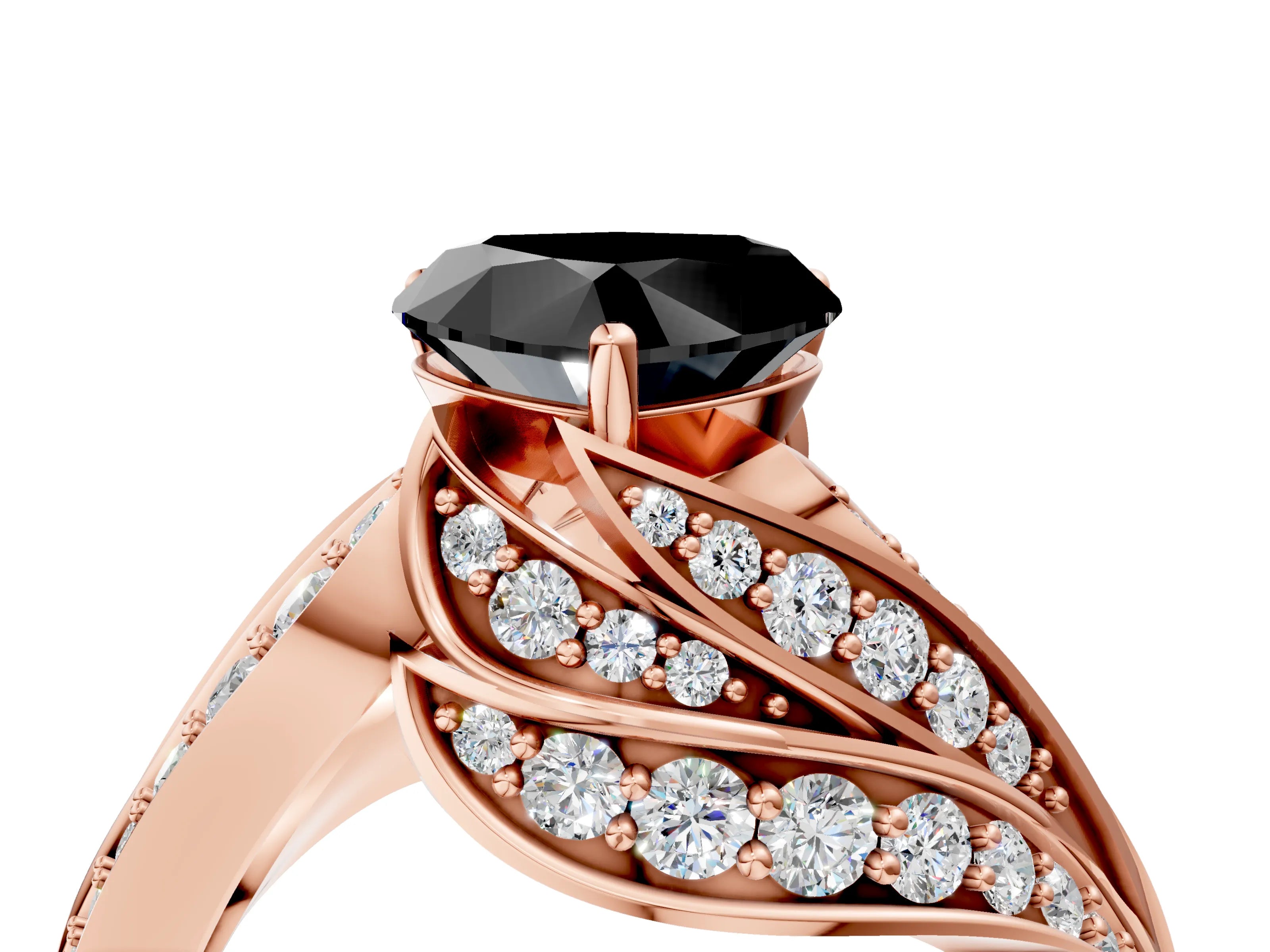 Rose gold Fancy Black Heart Cut Diamond Solitaire Ring with Prong Setting and Twisted Pavé Band_4