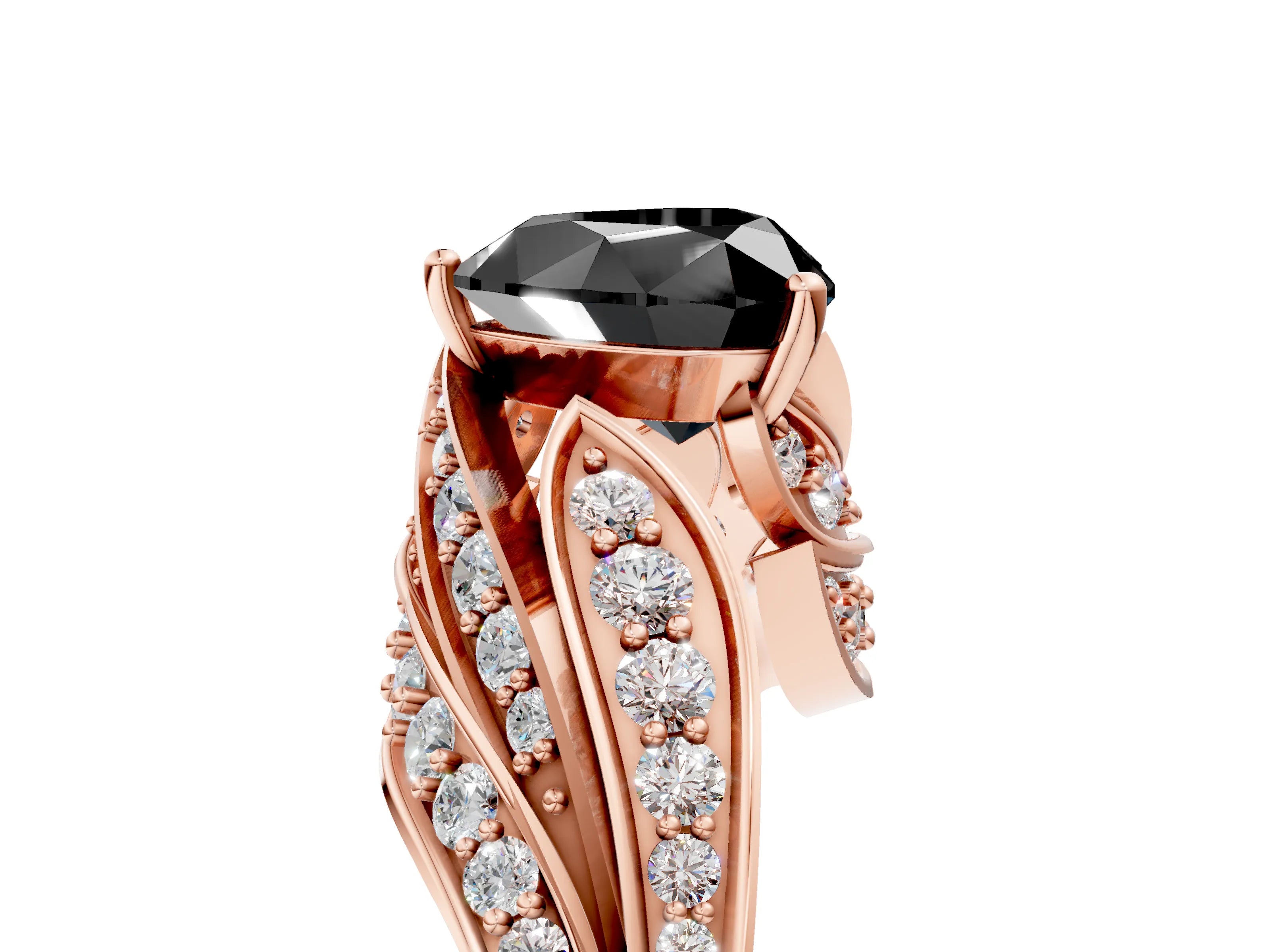 Rose gold Fancy Black Heart Cut Diamond Solitaire Ring with Prong Setting and Twisted Pavé Band_5