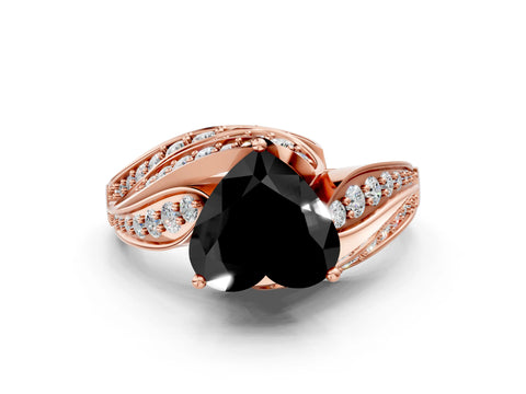 Rose gold Fancy Black Heart Cut Diamond Solitaire Ring with Prong Setting and Twisted Pavé Band