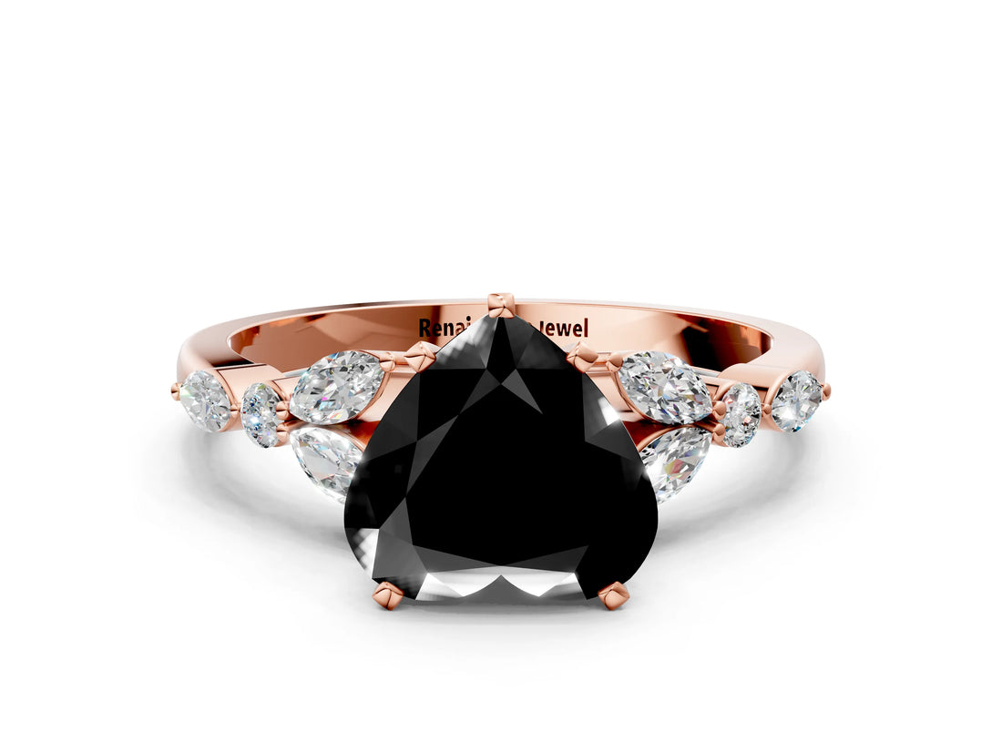 Rose gold Fancy Black Heart Cut Diamond Solitaire Ring with Side Stones and Four-Prong Setting_12