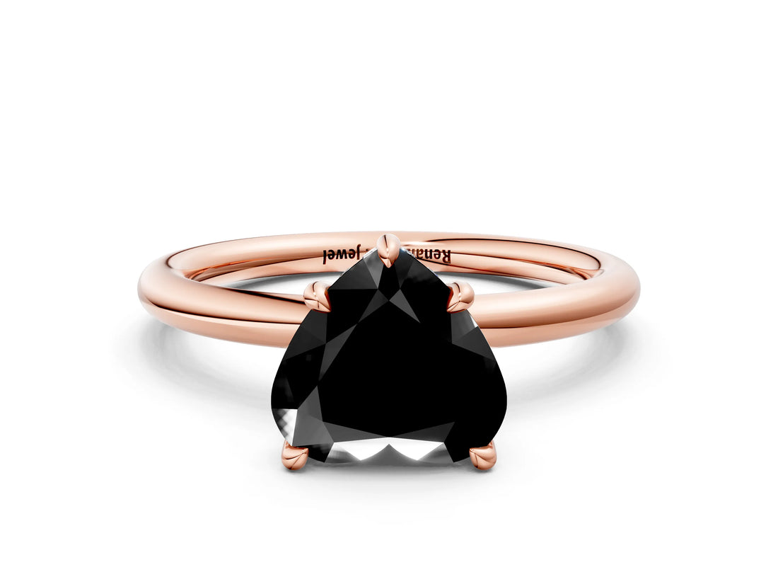 Rose gold Fancy Black Heart Cut Diamond Solitaire Ring with Thin Band and Four-Prong Setting