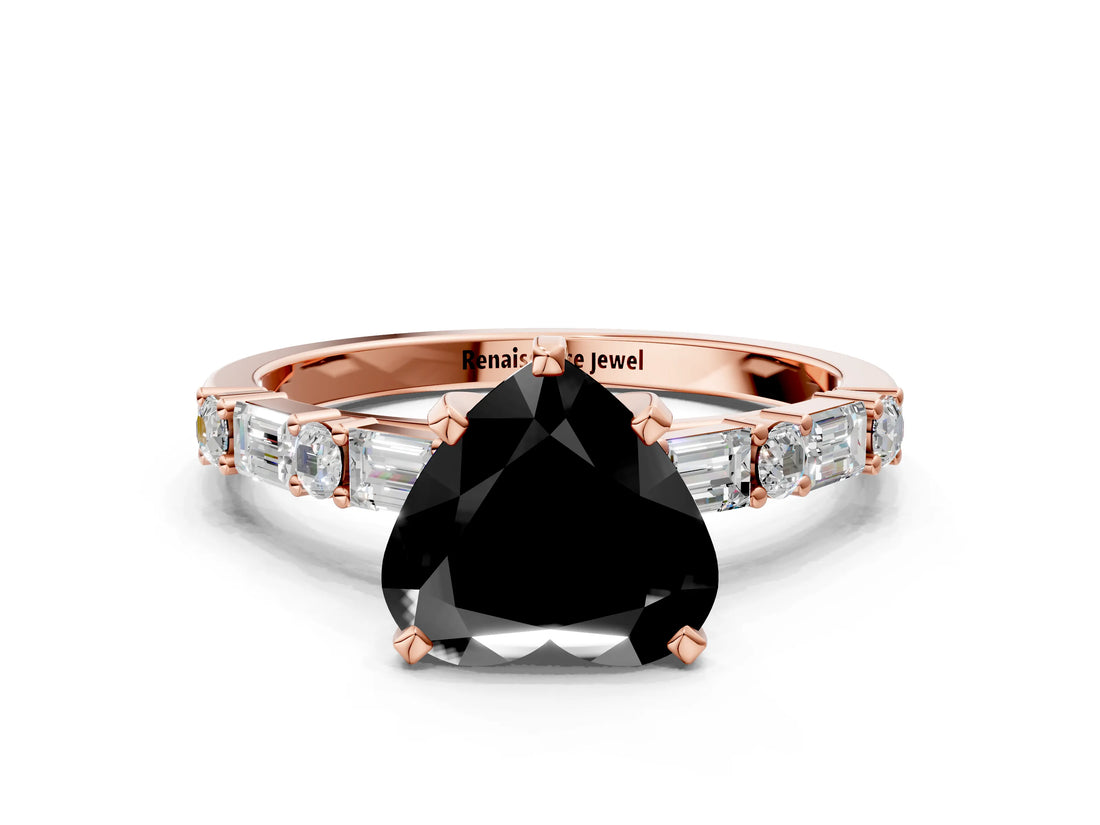Rose gold Fancy Black Heart Cut Diamond Solitaire with Side Baguettes and Channel Set Band