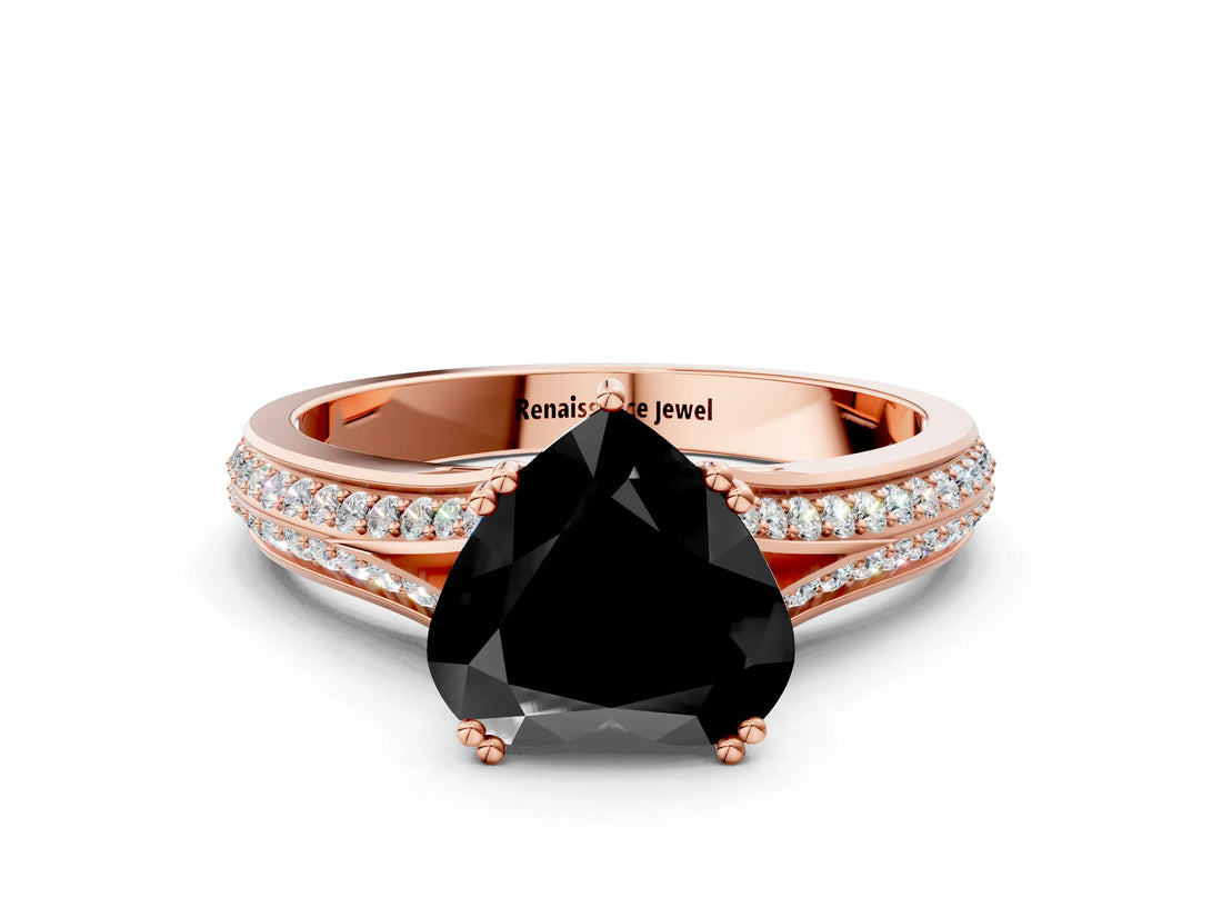 Rose gold Fancy Black Heart Cut Diamond Split Shank Engagement Ring with Pavé Band
